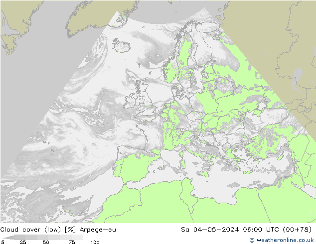 Cloud cover (low) Arpege-eu Sa 04.05.2024 06 UTC