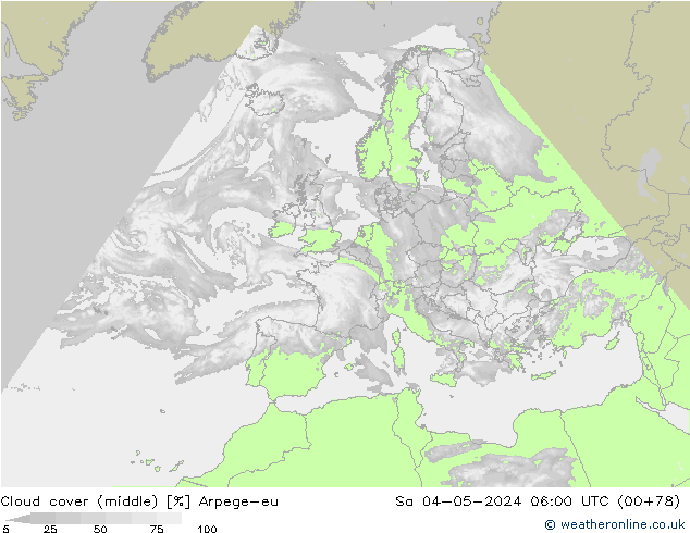 Cloud cover (middle) Arpege-eu Sa 04.05.2024 06 UTC