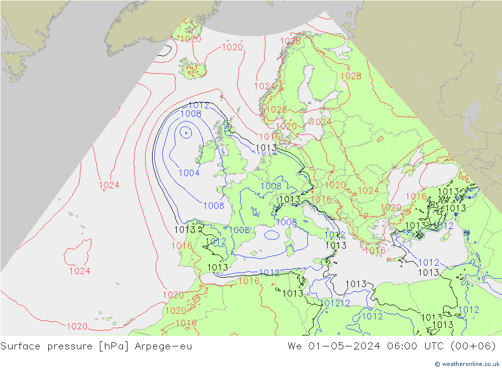 Pressione al suolo Arpege-eu mer 01.05.2024 06 UTC