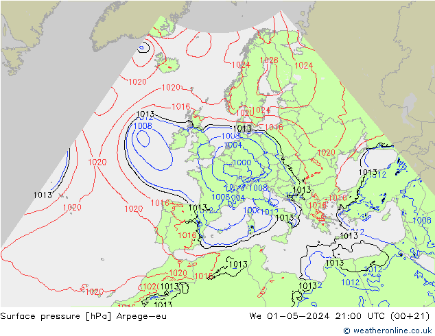 Pressione al suolo Arpege-eu mer 01.05.2024 21 UTC