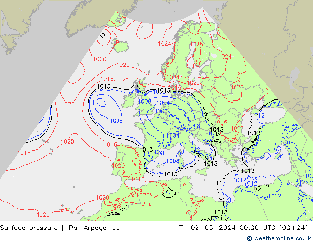 Atmosférický tlak Arpege-eu Čt 02.05.2024 00 UTC