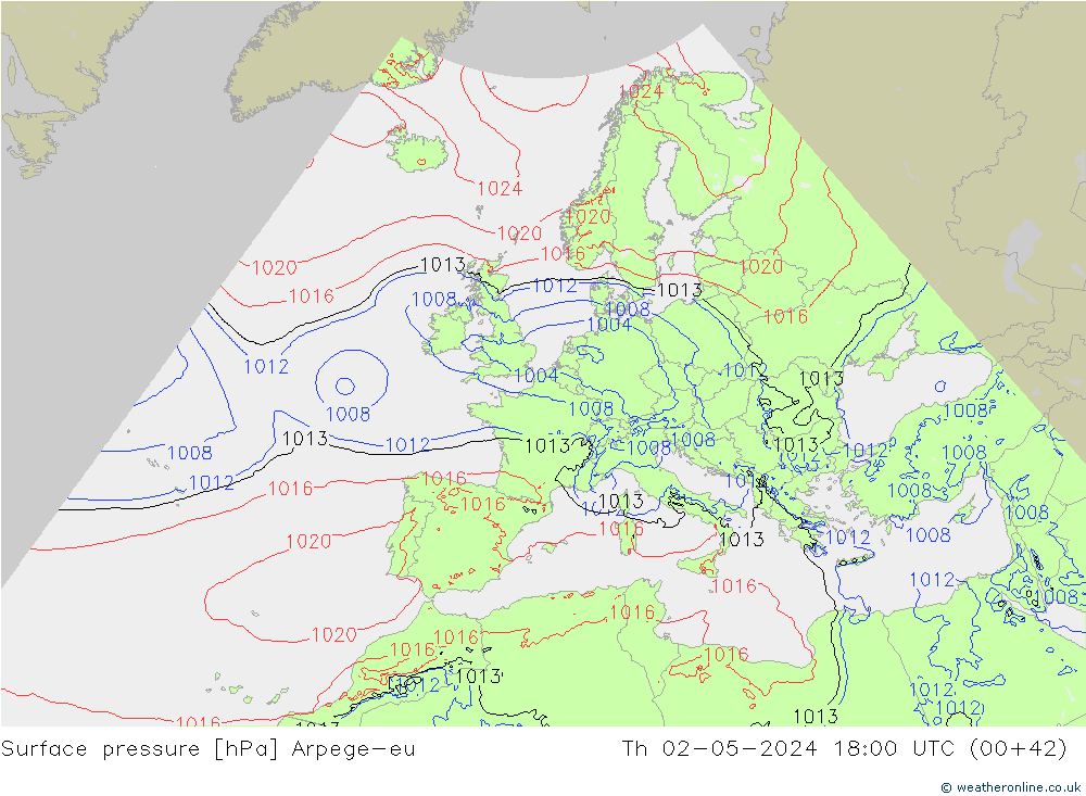 Pressione al suolo Arpege-eu gio 02.05.2024 18 UTC