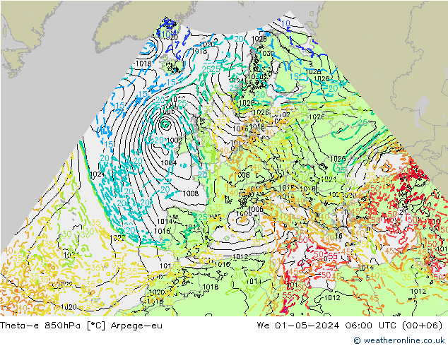 Theta-e 850hPa Arpege-eu  01.05.2024 06 UTC