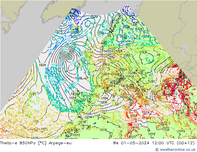 Theta-e 850hPa Arpege-eu Mi 01.05.2024 12 UTC