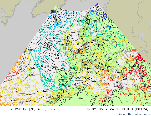 Theta-e 850hPa Arpege-eu Per 02.05.2024 00 UTC