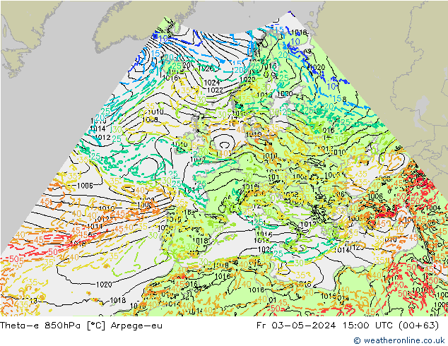 Theta-e 850hPa Arpege-eu ven 03.05.2024 15 UTC