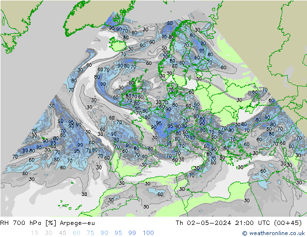 RH 700 hPa Arpege-eu gio 02.05.2024 21 UTC