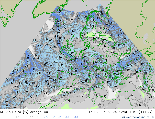 RH 850 hPa Arpege-eu Qui 02.05.2024 12 UTC