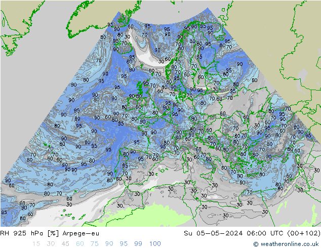 RH 925 hPa Arpege-eu So 05.05.2024 06 UTC