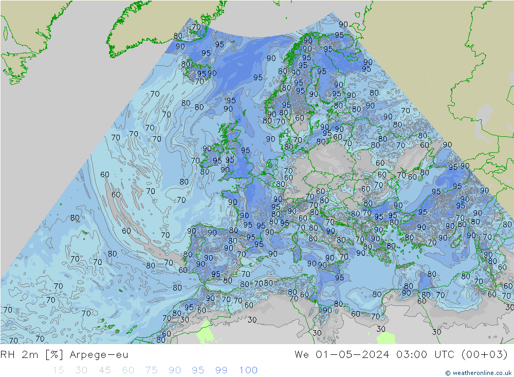 RH 2m Arpege-eu Mi 01.05.2024 03 UTC