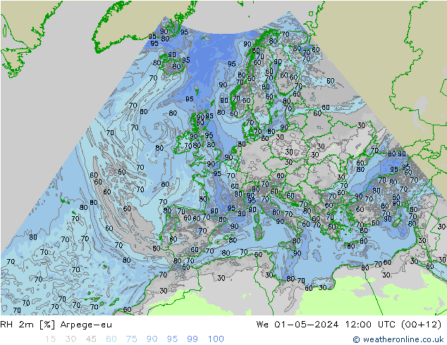 RH 2m Arpege-eu Qua 01.05.2024 12 UTC