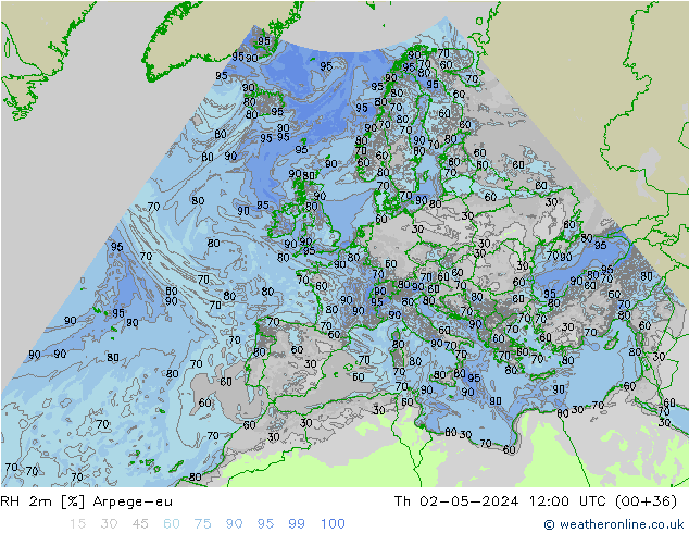 RH 2m Arpege-eu Qui 02.05.2024 12 UTC