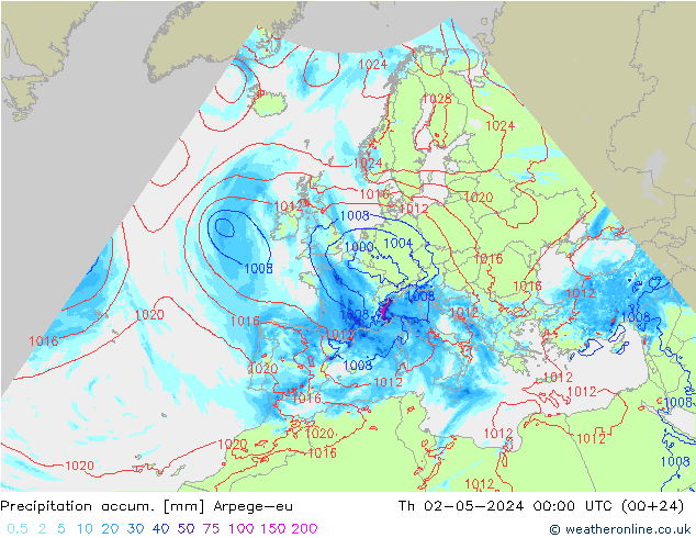 Precipitation accum. Arpege-eu Čt 02.05.2024 00 UTC
