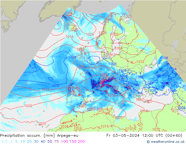 Precipitation accum. Arpege-eu Fr 03.05.2024 12 UTC