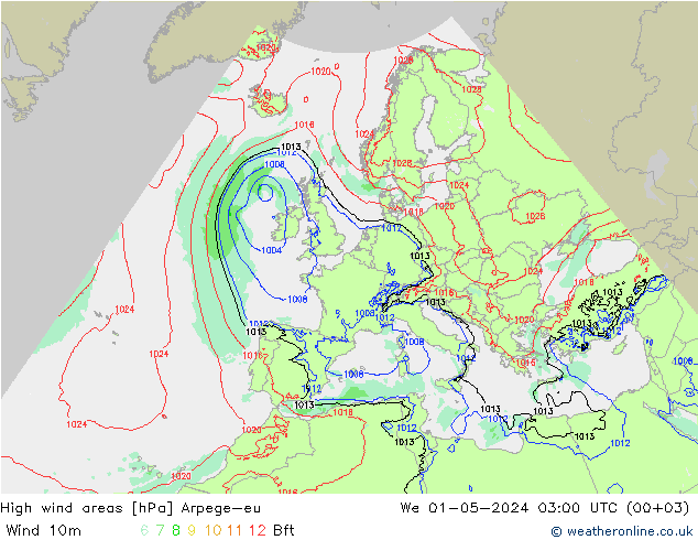 High wind areas Arpege-eu We 01.05.2024 03 UTC