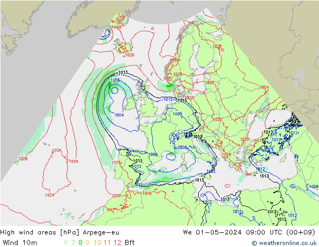 High wind areas Arpege-eu We 01.05.2024 09 UTC