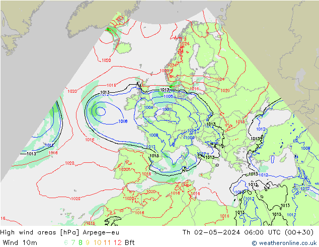 High wind areas Arpege-eu Qui 02.05.2024 06 UTC