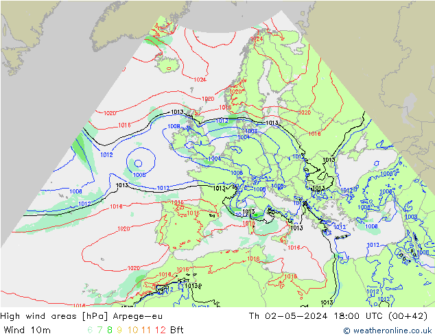 High wind areas Arpege-eu gio 02.05.2024 18 UTC