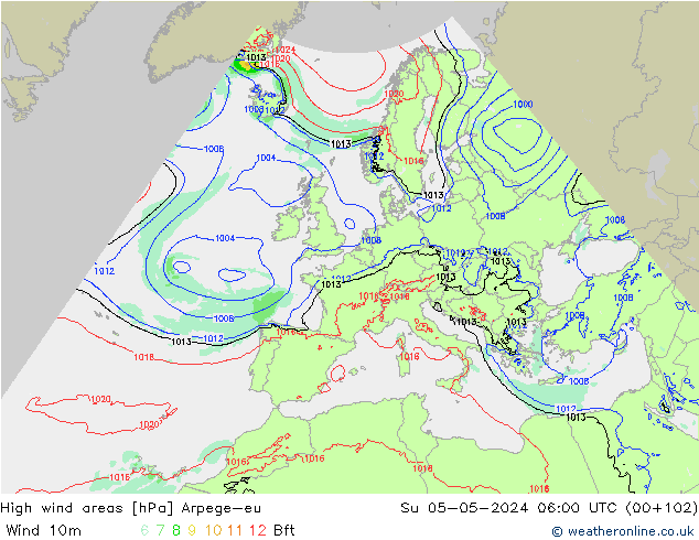 High wind areas Arpege-eu Вс 05.05.2024 06 UTC
