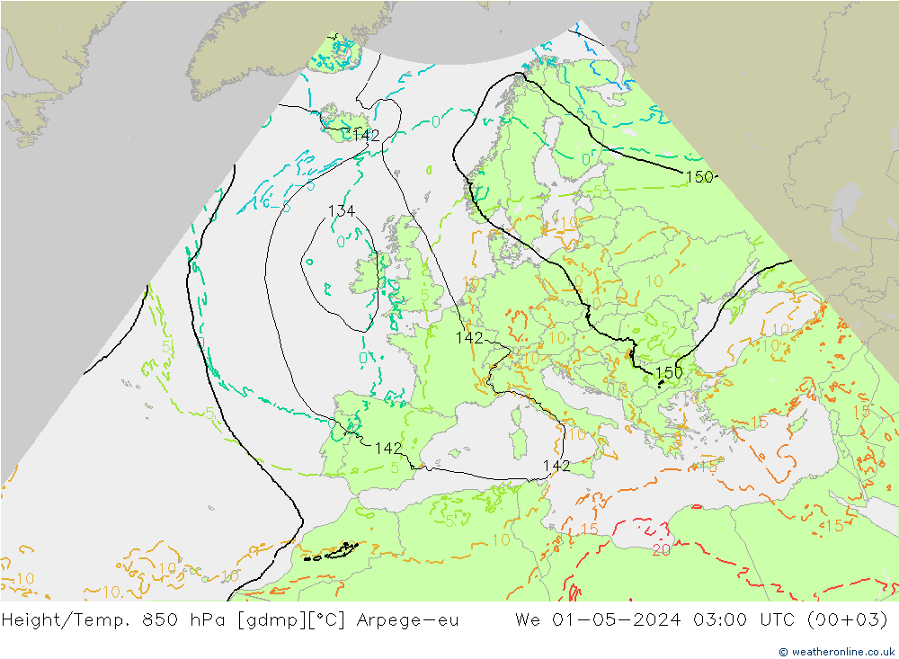 Yükseklik/Sıc. 850 hPa Arpege-eu Çar 01.05.2024 03 UTC