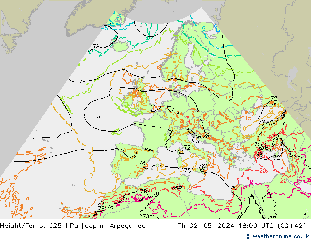 Height/Temp. 925 hPa Arpege-eu gio 02.05.2024 18 UTC