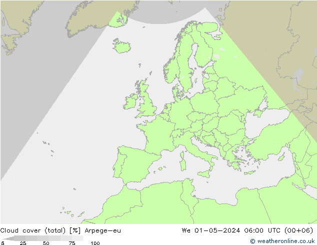 Cloud cover (total) Arpege-eu We 01.05.2024 06 UTC