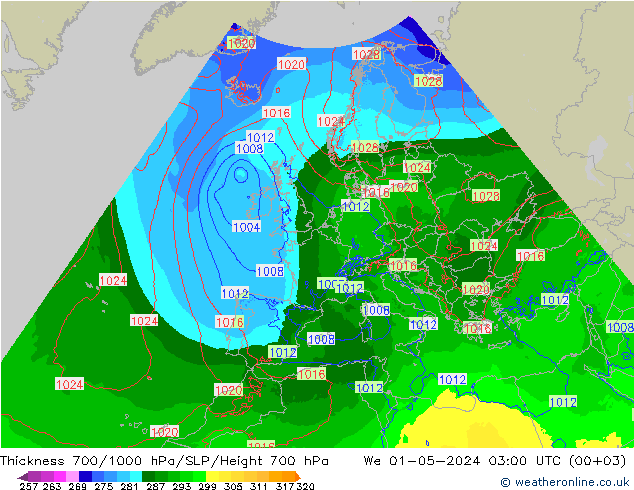 Thck 700-1000 hPa Arpege-eu We 01.05.2024 03 UTC