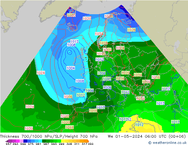 Thck 700-1000 hPa Arpege-eu mer 01.05.2024 06 UTC