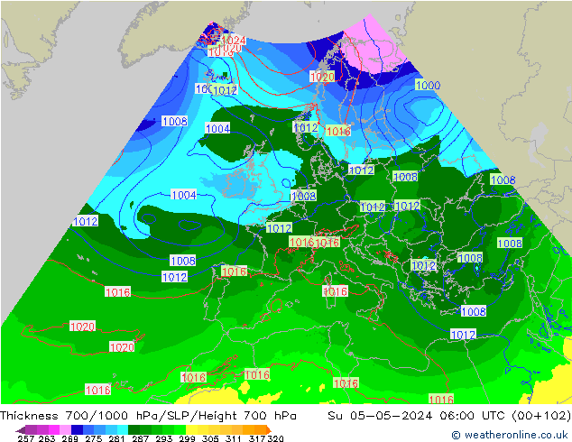 Schichtdicke 700-1000 hPa Arpege-eu So 05.05.2024 06 UTC