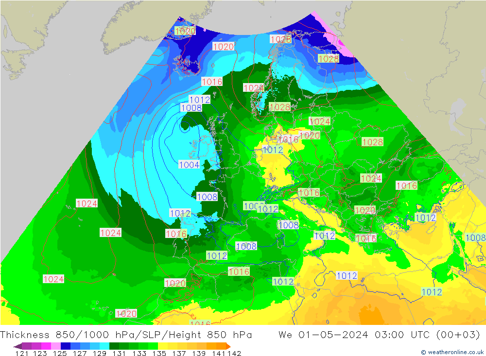 Dikte 850-1000 hPa Arpege-eu wo 01.05.2024 03 UTC