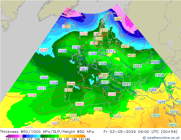 Thck 850-1000 гПа Arpege-eu пт 03.05.2024 06 UTC