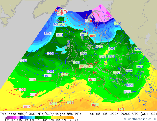 Thck 850-1000 гПа Arpege-eu Вс 05.05.2024 06 UTC