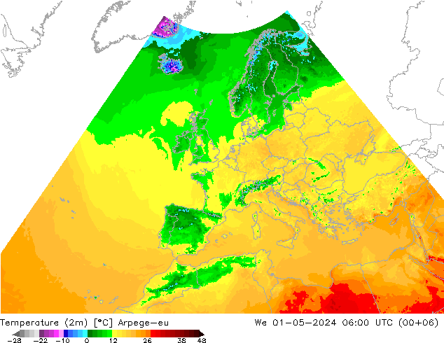 Temperaturkarte (2m) Arpege-eu Mi 01.05.2024 06 UTC