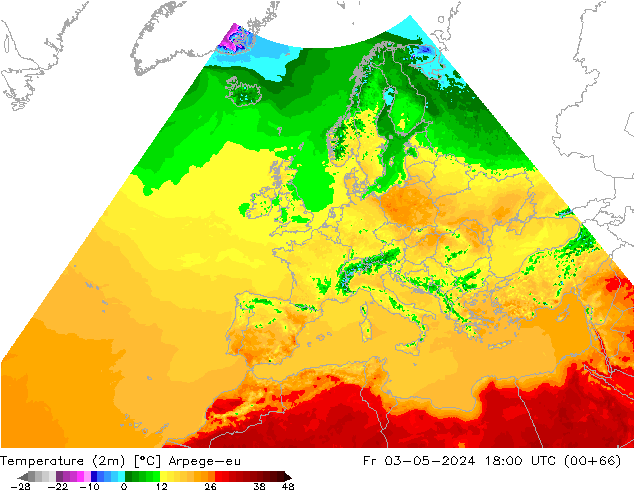 température (2m) Arpege-eu ven 03.05.2024 18 UTC