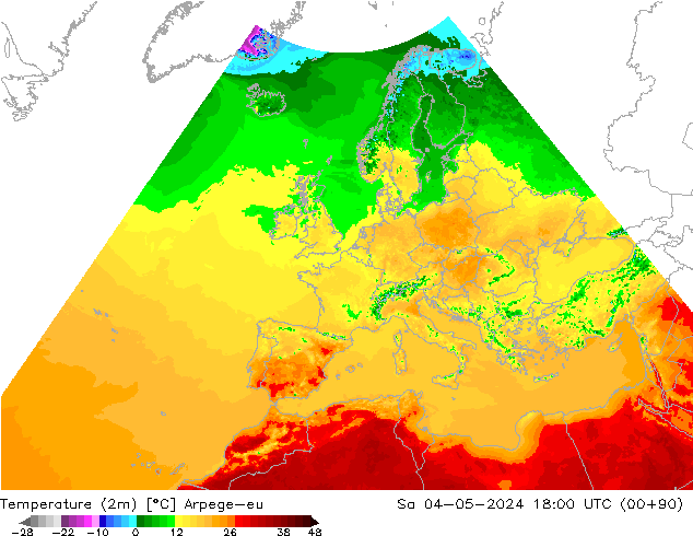 Temperatuurkaart (2m) Arpege-eu za 04.05.2024 18 UTC