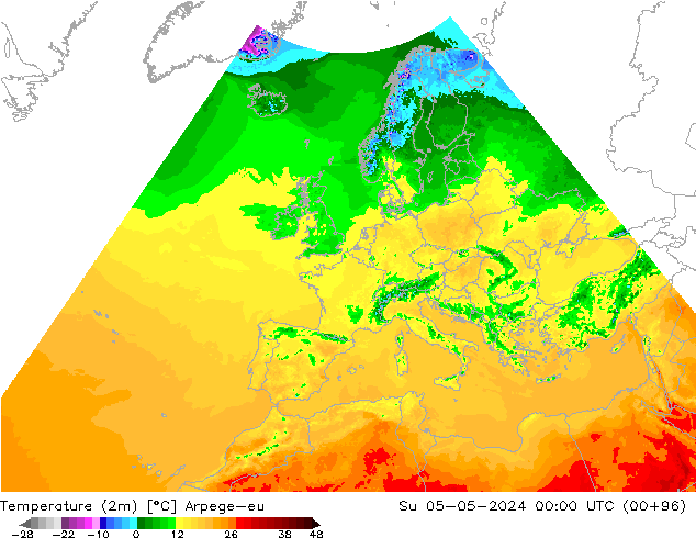 température (2m) Arpege-eu dim 05.05.2024 00 UTC