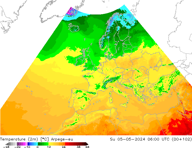 Temperaturkarte (2m) Arpege-eu So 05.05.2024 06 UTC