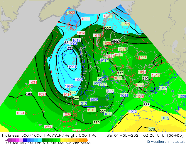 Schichtdicke 500-1000 hPa Arpege-eu Mi 01.05.2024 03 UTC