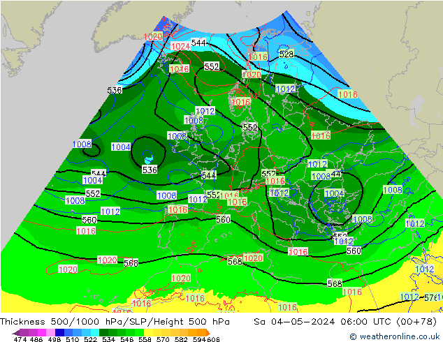 Espesor 500-1000 hPa Arpege-eu sáb 04.05.2024 06 UTC