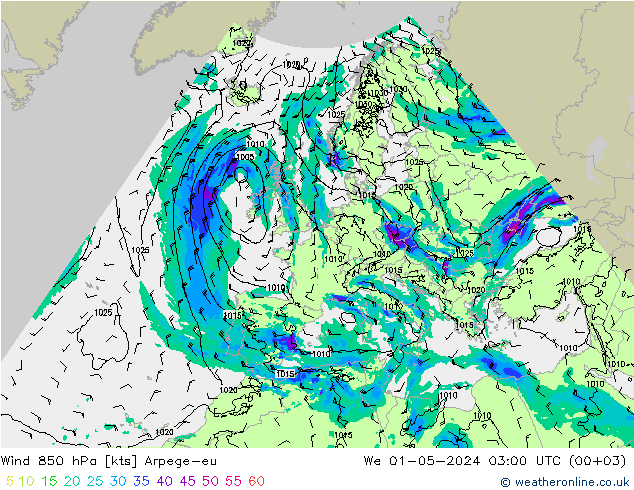 Wind 850 hPa Arpege-eu We 01.05.2024 03 UTC