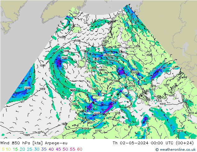 Vento 850 hPa Arpege-eu gio 02.05.2024 00 UTC