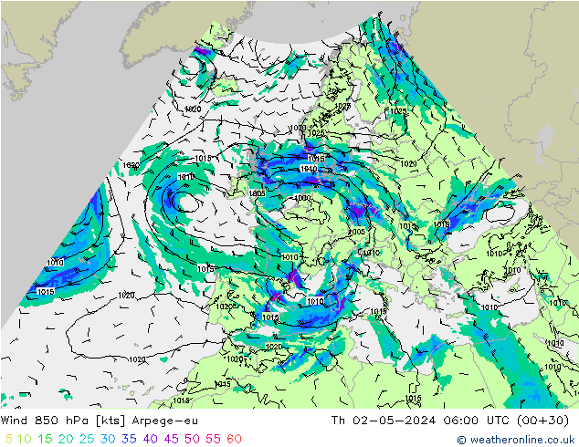 Vent 850 hPa Arpege-eu jeu 02.05.2024 06 UTC