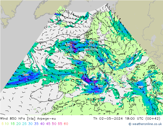 Vento 850 hPa Arpege-eu gio 02.05.2024 18 UTC