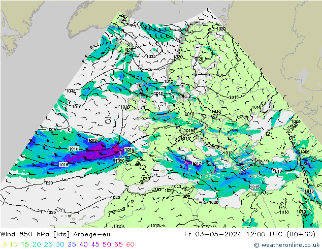 Rüzgar 850 hPa Arpege-eu Cu 03.05.2024 12 UTC