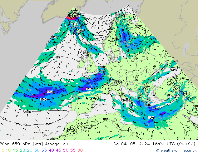 Wind 850 hPa Arpege-eu za 04.05.2024 18 UTC