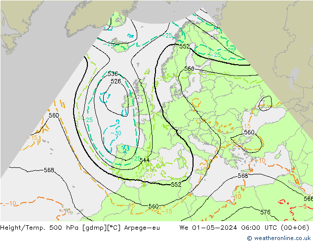 Height/Temp. 500 hPa Arpege-eu mer 01.05.2024 06 UTC