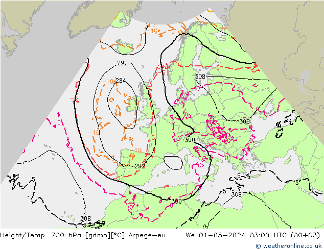 Height/Temp. 700 hPa Arpege-eu St 01.05.2024 03 UTC