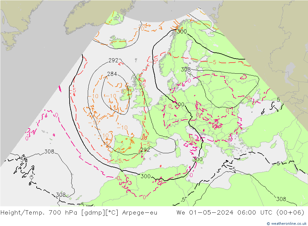 Height/Temp. 700 hPa Arpege-eu We 01.05.2024 06 UTC