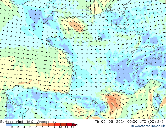 Surface wind (bft) Arpege-eu Th 02.05.2024 00 UTC