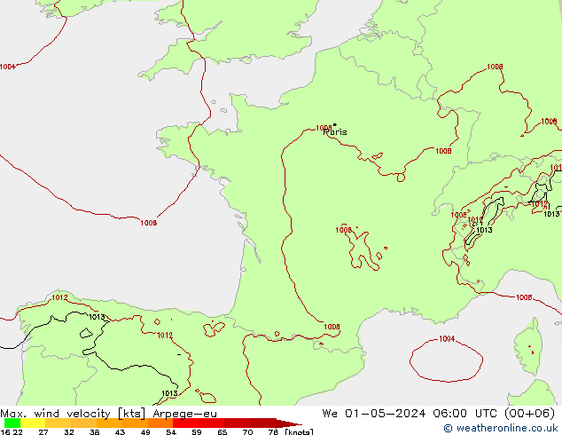 Max. wind velocity Arpege-eu śro. 01.05.2024 06 UTC